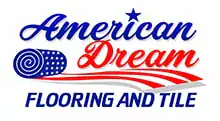 Logo vir "American Dream Flooring and Tile" met blou teks vir "American", rooi skrif vir "Dream" met 'n ster daarbo, en 'n gerolde vlagagtige teëlgrafika—bedien NC & Horry County, SC, en vloerinstallasie Wake County.
