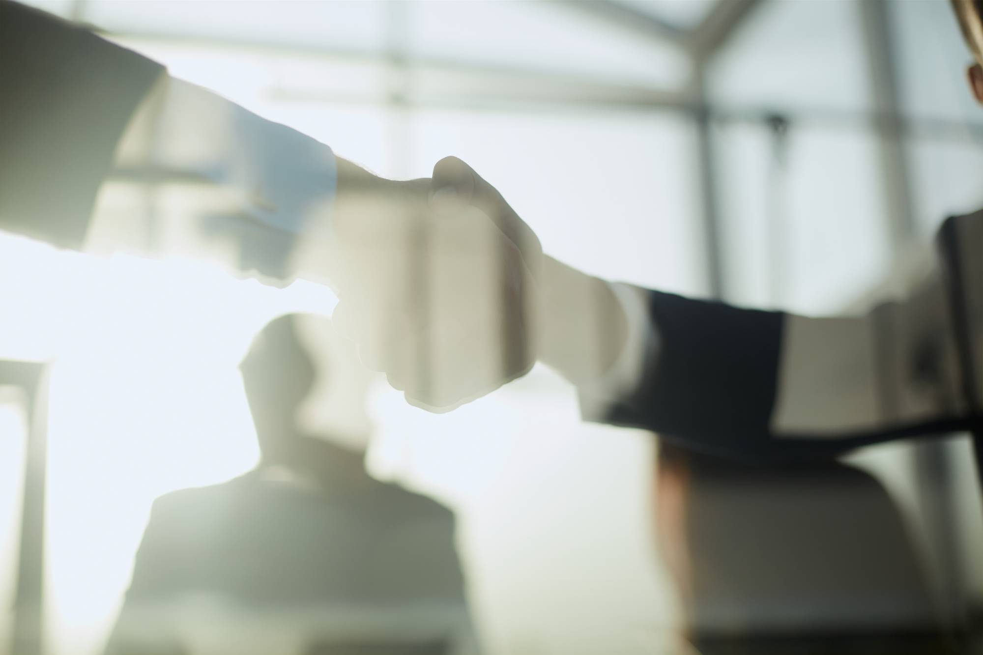 Two people shaking hands in an office setting, sunlight streaming through large windows, and another blurred person visible in the background—perfect for businesses specializing in Flooring Installation Wake County or serving NC and Horry County, SC.